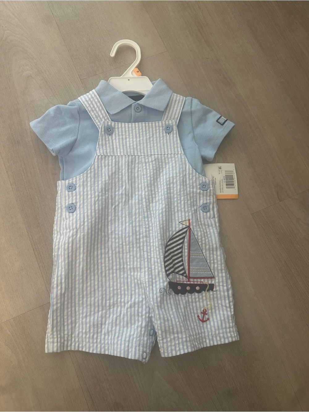 Little Me Blue Seersucker Baby Shortalls with Polo Tee